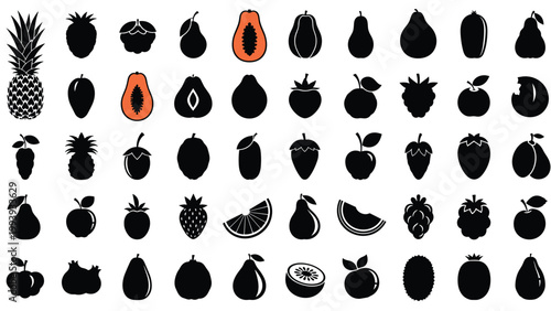 Collection of various fruit silhouettes in black including pineapple pear and apple with two orange papaya slices for contrast.