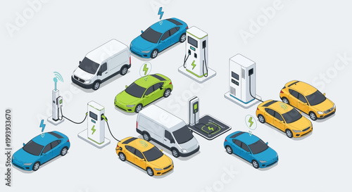 Isometric illustration of an efficient electric vehicle charging network, featuring various cars and vans powering up at modern stations, symbolizing sustainable urban transportation