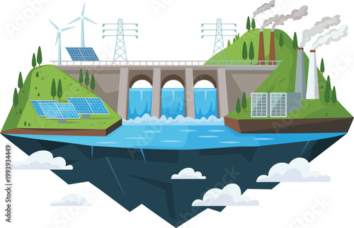 Renewable energy and industrial pollution concept, dam hydropower wind turbines solar panels versus factory emissions environmental illustration