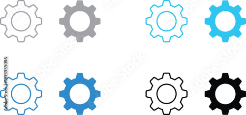 Outline and filled blue gear icons representing settings or process with software development user interface operation icon mechanism icon settings configuration mechanism industry engineering