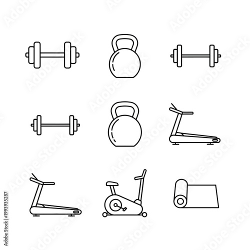 Gym equipment icon set dumbbells kettlebells treadmills exercise bike mat