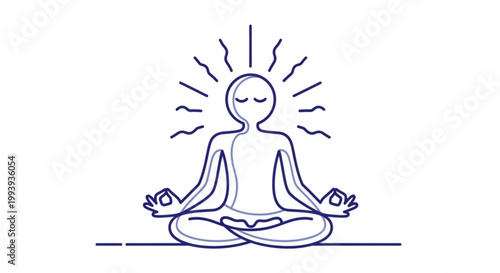 Meditating person in lotus position with closed eyes and sun rays symbolizing inner peace and mindfulness