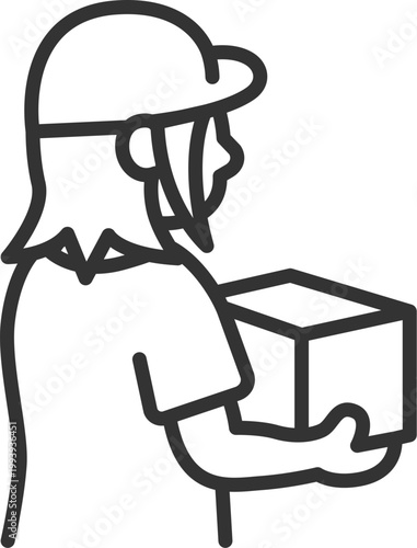 荷物を持った、女性の宅配業者のアイコン（線画）のイラスト