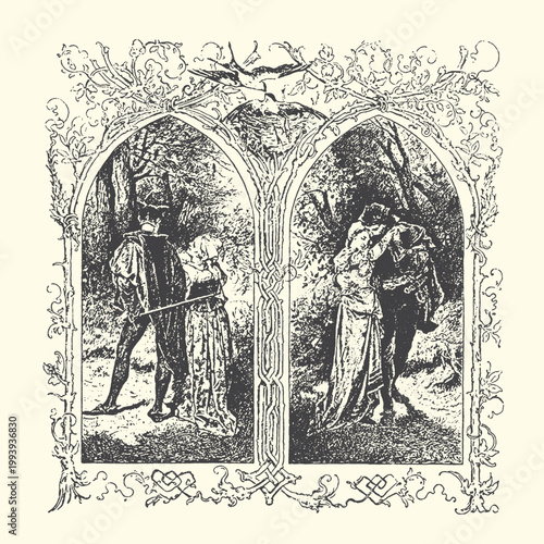 Victorian illustration of a couple embracing within an ornate natural frame with relationship together romantic victorian illustration countryside pastoral narrative botanical embellishment