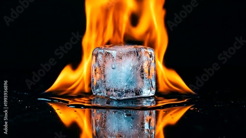 A single ice cube melting in bright flames on a dark surface.