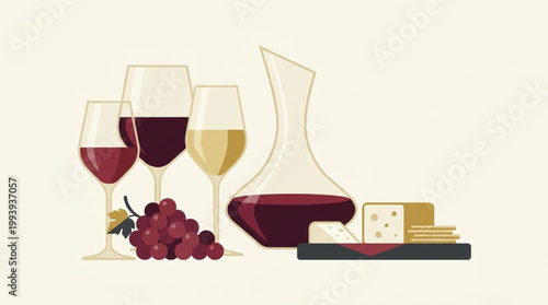 Illustration of wine glasses, decanter, cheese, and grapes on a table with a warm color palette