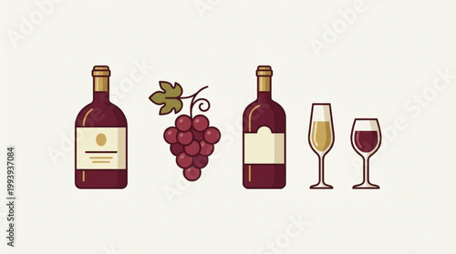 Flat lay illustration of wine bottles, grapes, and glasses on a beige background, conveying a warm and inviting mood