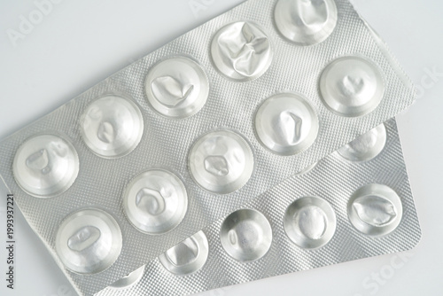 Blisterpack of capsule pills medical capsules pills Metallic blister packs of used medication