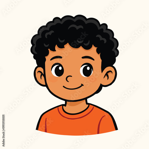 Cute vector portrait of a little boy with curly hair, smiling warmly, capturing innocence, joy, and a playful personality in a soft and friendly illustration style.