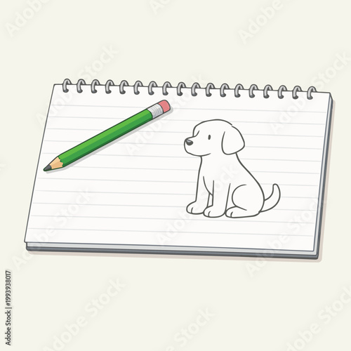 Vector art of a notebook with a dog sketch on its pages, a pencil placed on top, symbolizing drawing, creativity, and learning through practice and imagination.