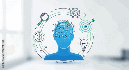 Conceptual illustration of a human head surrounded by business icons