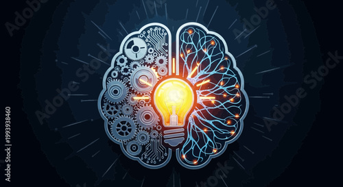 Conceptual illustration of a mechanical and electrical brain with light bulb