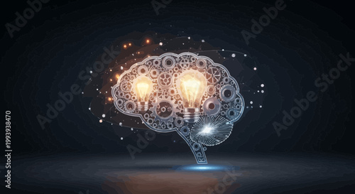 Conceptual illustration of a mechanical brain with glowing light bulbs