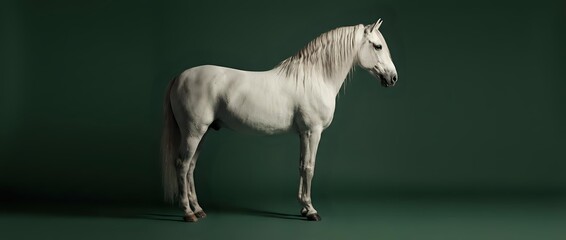 White horse standing in profile against dark green background, elegant equine pose for equestrian design projects and animal photography concepts.