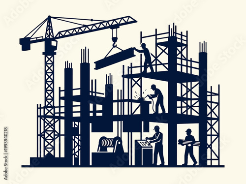 Commercial Building Construction Site and Builder Team