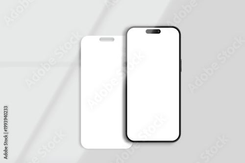 Modern smartphone mockup featuring a blank white screen with interface layers on background with shadows. Clean modern layout for mobile app UI, branding, ecommerce, and digital product presentation