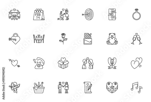 Valentine's Day icon set. Vector illustrations featuring couple, heart, gift, romantic dinner, proposal, ring, love letter and more. Editable stroke.
