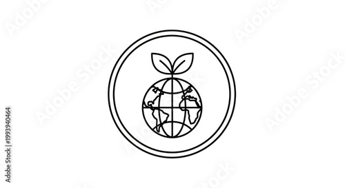 Green Planet Icon: Earth Globe with Growing Leaves - Eco Friendly Concept