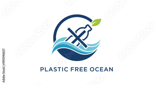 Plastic Free Ocean Logo: Bottle Crossed Out in Water Waves with Green Leaf