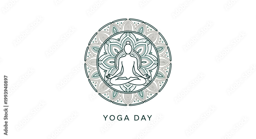 Obraz premium Yoga Pose Silhouette Inside Intricate Mandala Circle, Yoga Day Concept