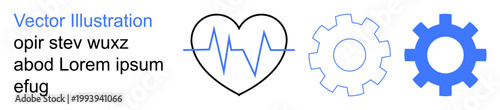 Healthcare systems, engineering concepts, teamwork visualization, fitness, technical support, innovation. A heart with an electrocardiogram line, and two gear icons. Healthcare systems