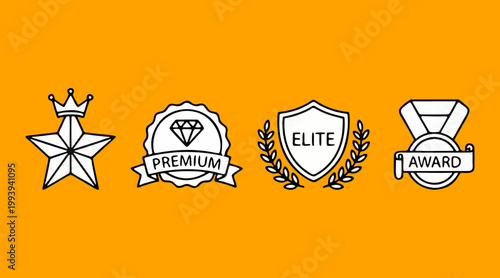 Simple vector graphic illustration design of four stylized award and badge icons representing achievement and recognition.