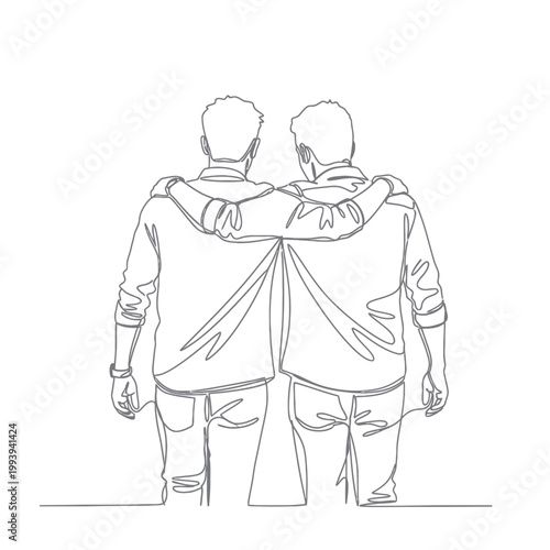 Two friends, arms around shoulders, walking together, continuous line drawing