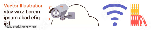 Data management, digital security, remote monitoring, file sharing, cloud storage, connectivity. Camera on a cloud, wireless icon folders. Data management and digital security