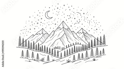 Mountain Landscape with Pine Trees.