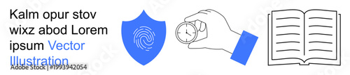 Online security, time tracking, data protection, education, personal development, authentication. Blue fingerprint shield, clock in hand open book. Online security and time tracking concepts