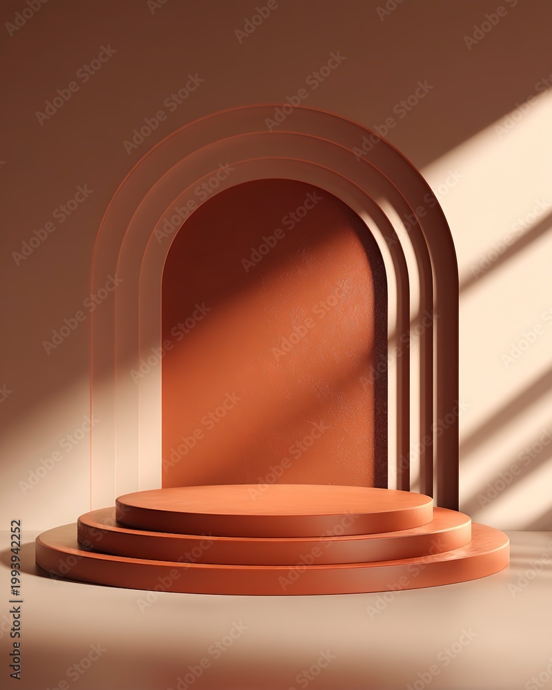 Obraz premium Geometric Elegance: A minimalist showcase with warm, earthy tones, featuring a multi-tiered circular platform set against a stylized archway, offering a serene space for display and contemplation.
