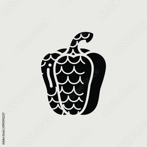 A stylized black and white illustration of a bell pepper