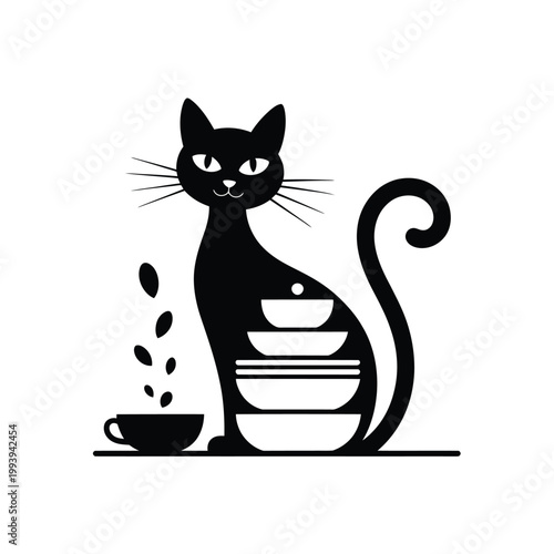 A stylized black cat illustration incorporates coffee cups within its form