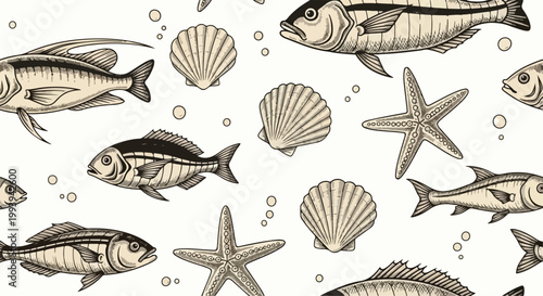 Vintage nautical seamless pattern with engraved fish, seashells and starfish. Retro marine life background vector. Antique ocean animal wallpaper.