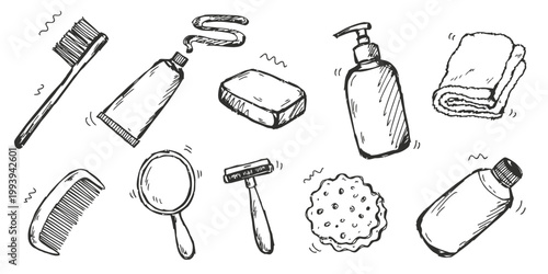 Hand-drawn doodle sheet of 10 elements including a telescope, magnifying glass, compass, and other scientific exploration icons, perfect for