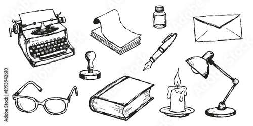 Hand-drawn doodle sheet of 10 elements including a telescope, globe, compass, and magnifying glass on a white background.
