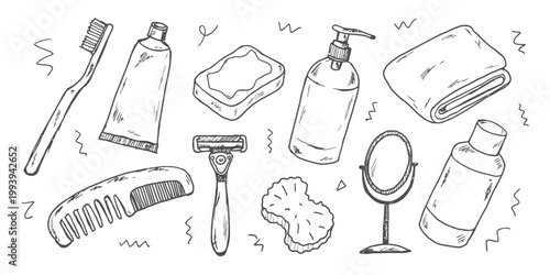 Hand drawn doodle sheet of 10 elements including a vintage telescope with a tripod and a crescent moon in a starry night sky.