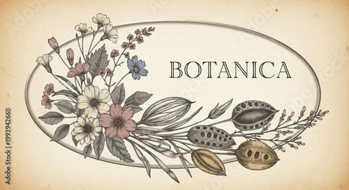 Botanical illustration of flowers and foliage in oval frame for design