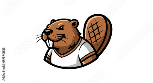 Beaver sports mascot wearing white jersey on white background
