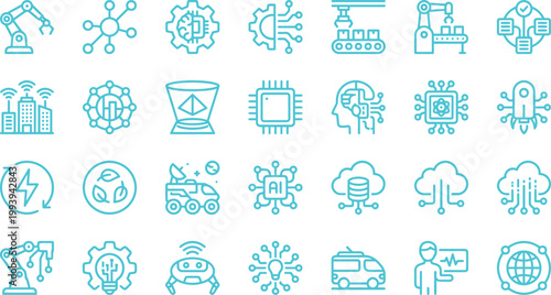 A comprehensive set of modern blue line icons depicting advanced technology, innovation, and futuristic industrial concepts.
