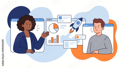 Business colleagues collaborating remotely through video conferencing to analyze data and launch a startup project