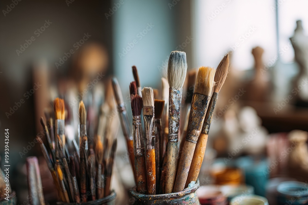 Fototapeta premium Many paintbrushes are shown in detail, with an artistic background and soft lighting