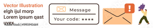 Digital communication, alert systems, secure messaging, email notifications, verification processes, online services. Envelope with alert mark, message box with a code. Secure messaging and alert