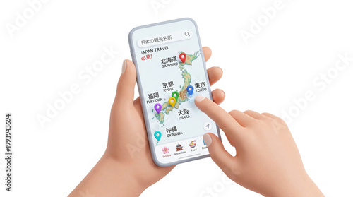 スマートフォンで日本の観光名所を検索するインバウンド旅行者