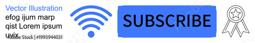 Digital marketing, subscription plans, online services, connectivity, recognition, content promotion. Blue subscribe button with wireless symbol and award ribbon. Digital marketing and subscription