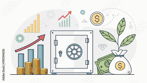 Safe with money and growth graph.