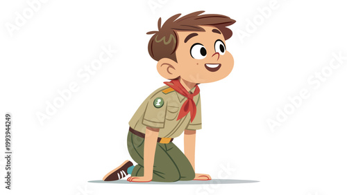 Young Boy in Scout Uniform Crawling.