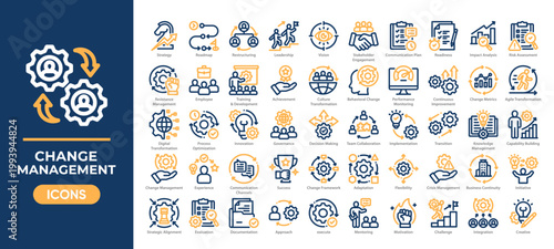 Change management icon set featuring strategy, transformation, leadership, and process improvement icon. Simple two tone vector.