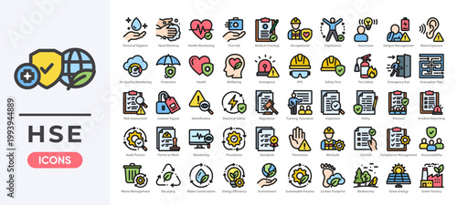 HSE icon set featuring workplace safety, health monitoring, environmental protection, and compliance systems. Simple lineal color vector.