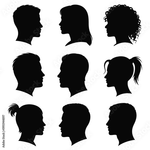 Collection of nine black silhouette profiles of men and women